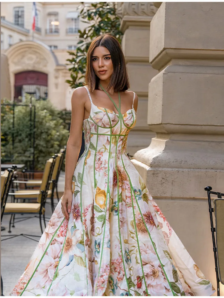 2026 Neues Boho Blumenmuster Neckholder Maxikleid für Damen Korsett-Bustier Rosa Besatz A-Linie Fließendes Sommer-Urlaubskleid für den Strand – Detail 7