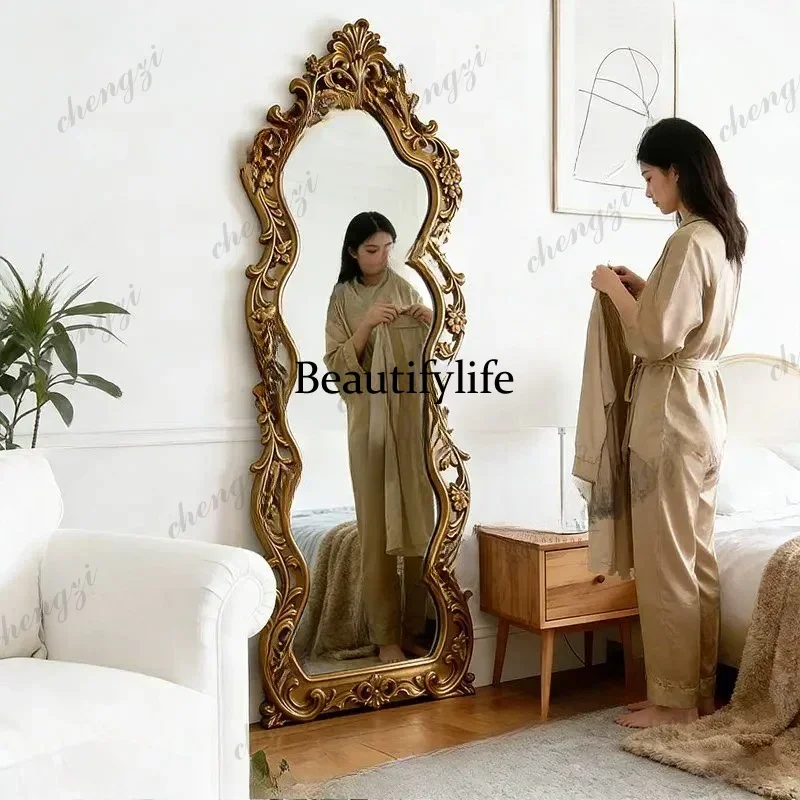 European retro carved dressing mirror special-shaped floor-to-ceiling bedroom classical luxury fitting mirror