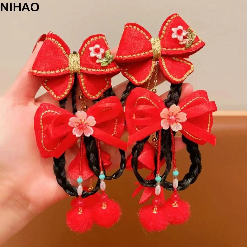 1 pair Flower Children Wig Hairpins Braid Hair Tang Suit Hair Clip Chinese New Year Headwear Tassel Ancient Headwear