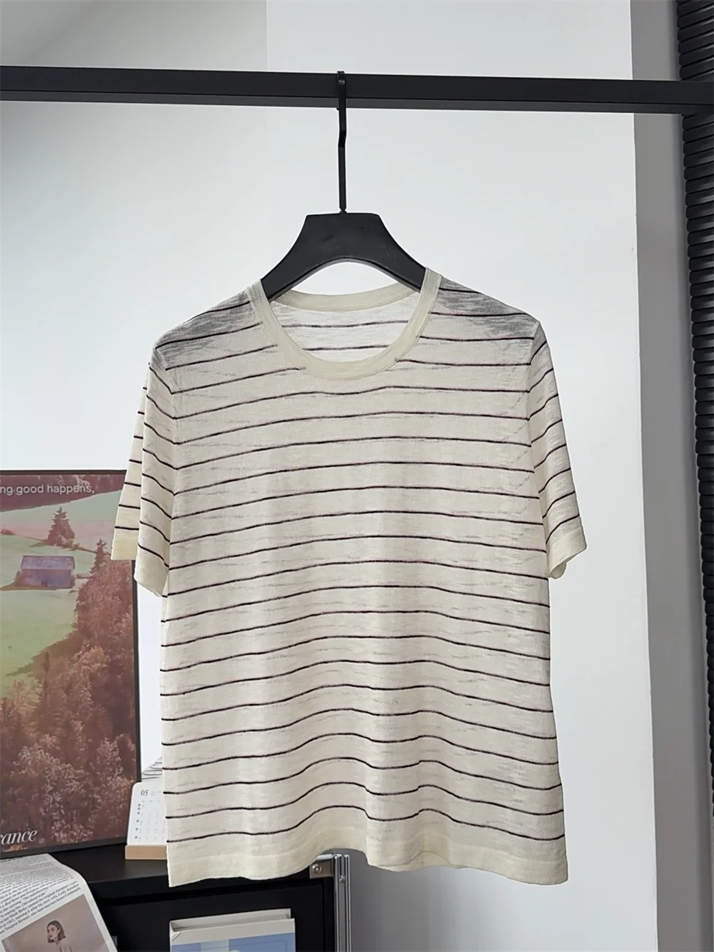 

Round Neck Linen Cotton Color Block Striped Comfortable Breathable Casual Short-Sleeve Knit Top