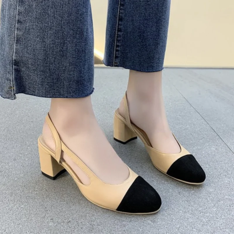 Sandalias de tacón alto para mujer, zapatos Retro cerrados con punta cuadrada, elegantes, para boda, Verano