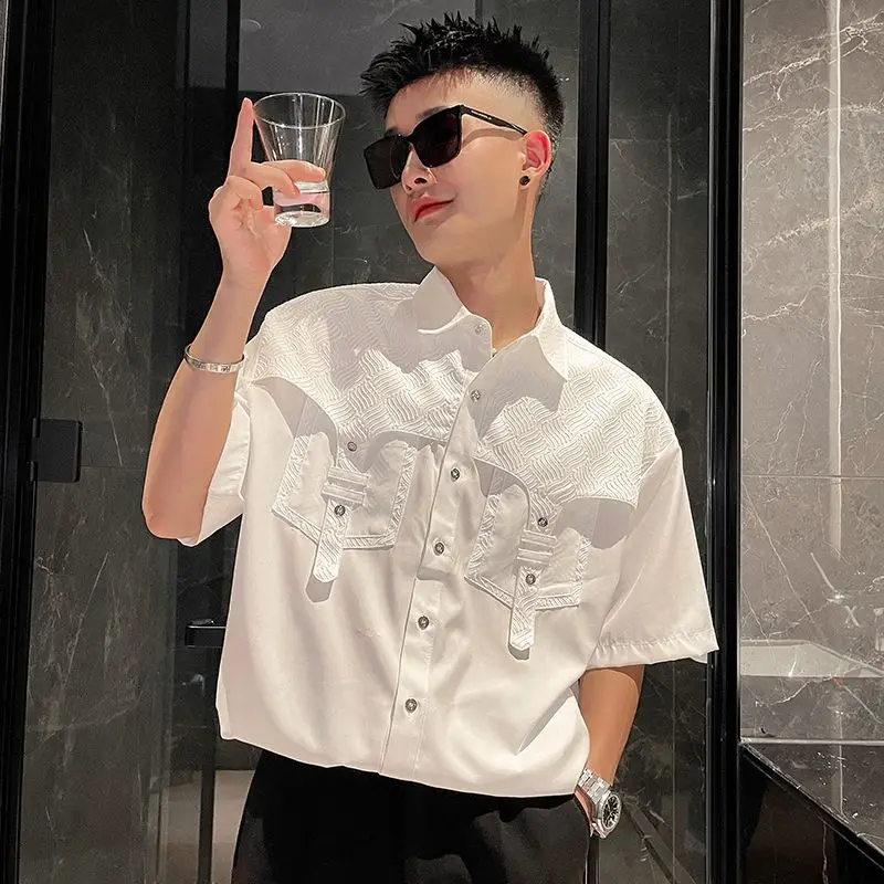 Design-sensual White for Men's Trendy Brand Loose Inch Shirt for Men's High-end Men's Summer Trendy Casual Half-sleeved Shirt