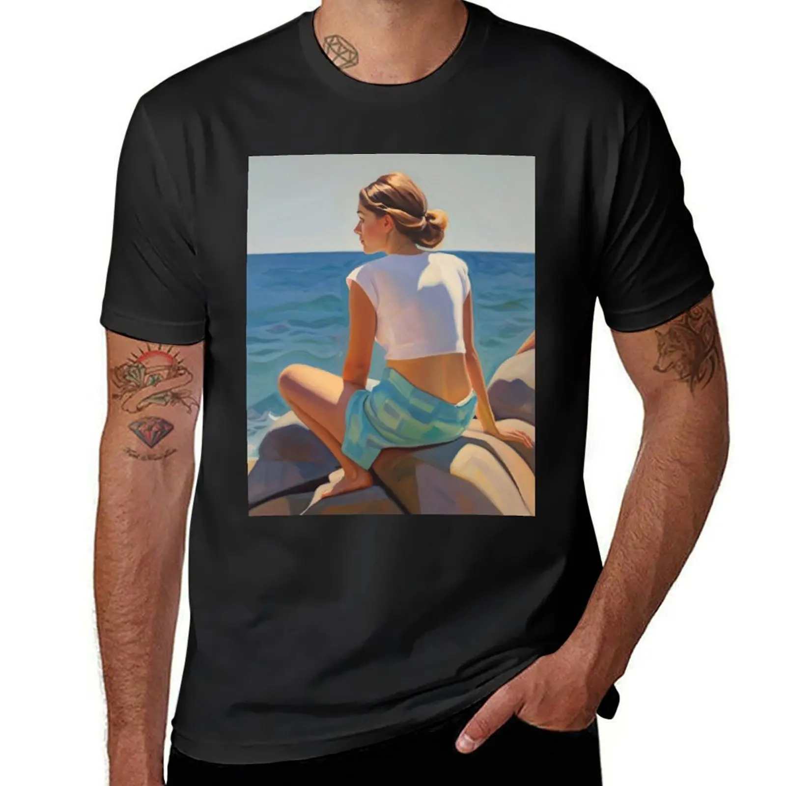 Painting of a woman on the beach wearing a colorful swimsuit T-Shirt anime heavyweights Men's clothing