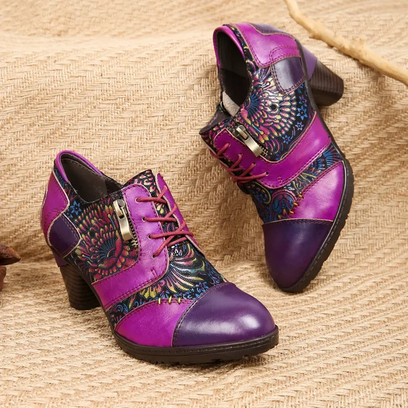 Vintage Printed Stitching Genuine Leather Pumps Lace Up Women Shoes 2024 Autumn New Comfortable Thick Heeled High Heels