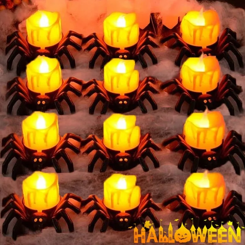 1/6PCS Halloween Spider Night Light Led Glowing Black Spider Skull Head Candle Lamp Ornament Home Halloween Party Decor Props