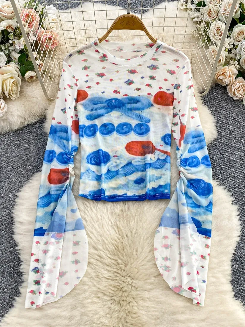 

Foamlina Niche Original Unique Sheer Sweet Print O-Neck Short T-Shirt Women Flattering Pleated Slit Long Sleeve Top Shirt