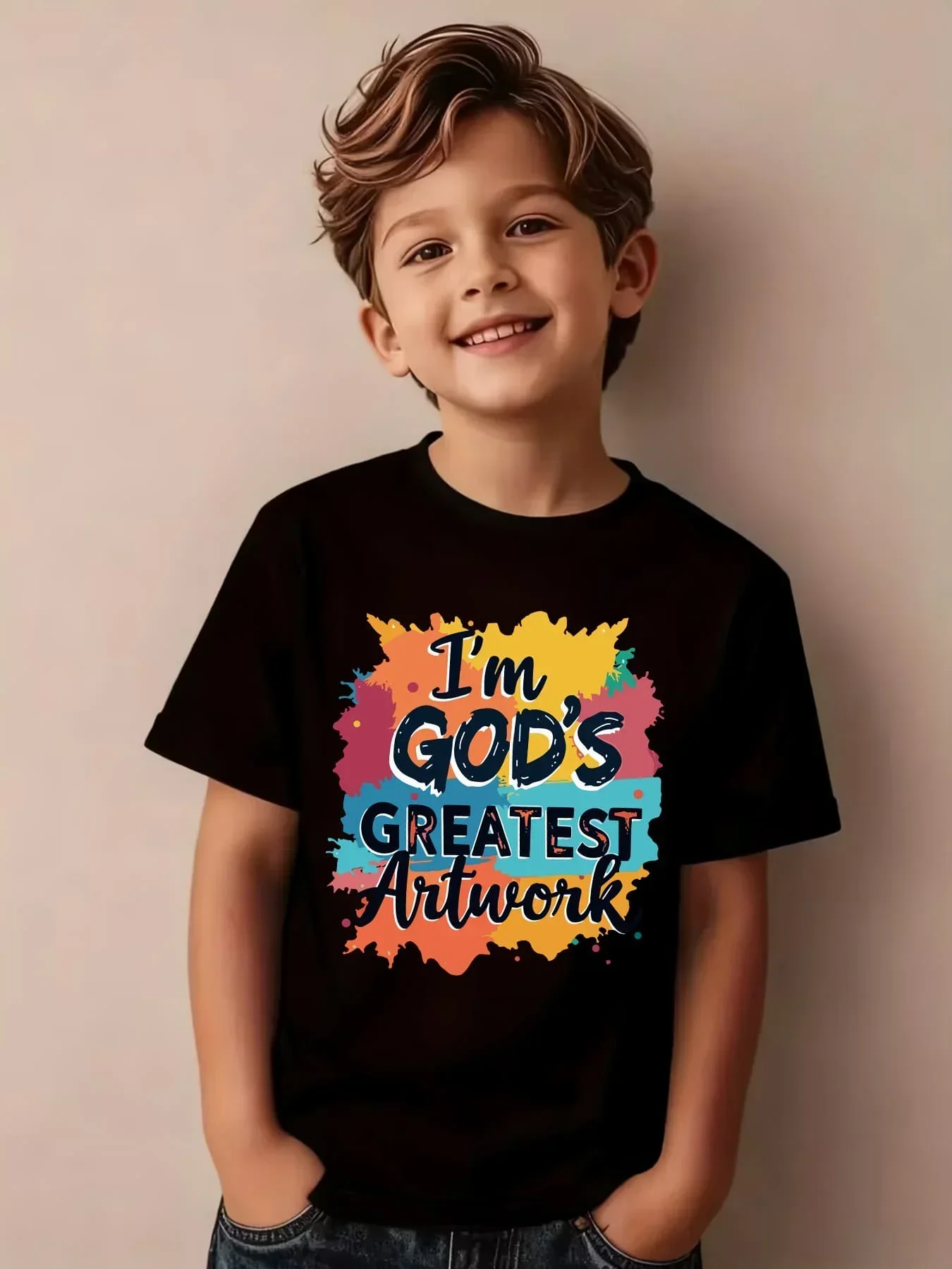 Children Inspirational Christian Short Sleeve Top Color Block Paint Splatter I'm God Greatest Artwork Letter Crew Neck Black Tee