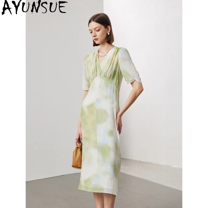 

AYUNSUE 100% Natural Mulberry Silk Dresses for Woman Summer Dress 2026 Stylish V-neck Long Dresses Luxury Woman Clothing Vestido