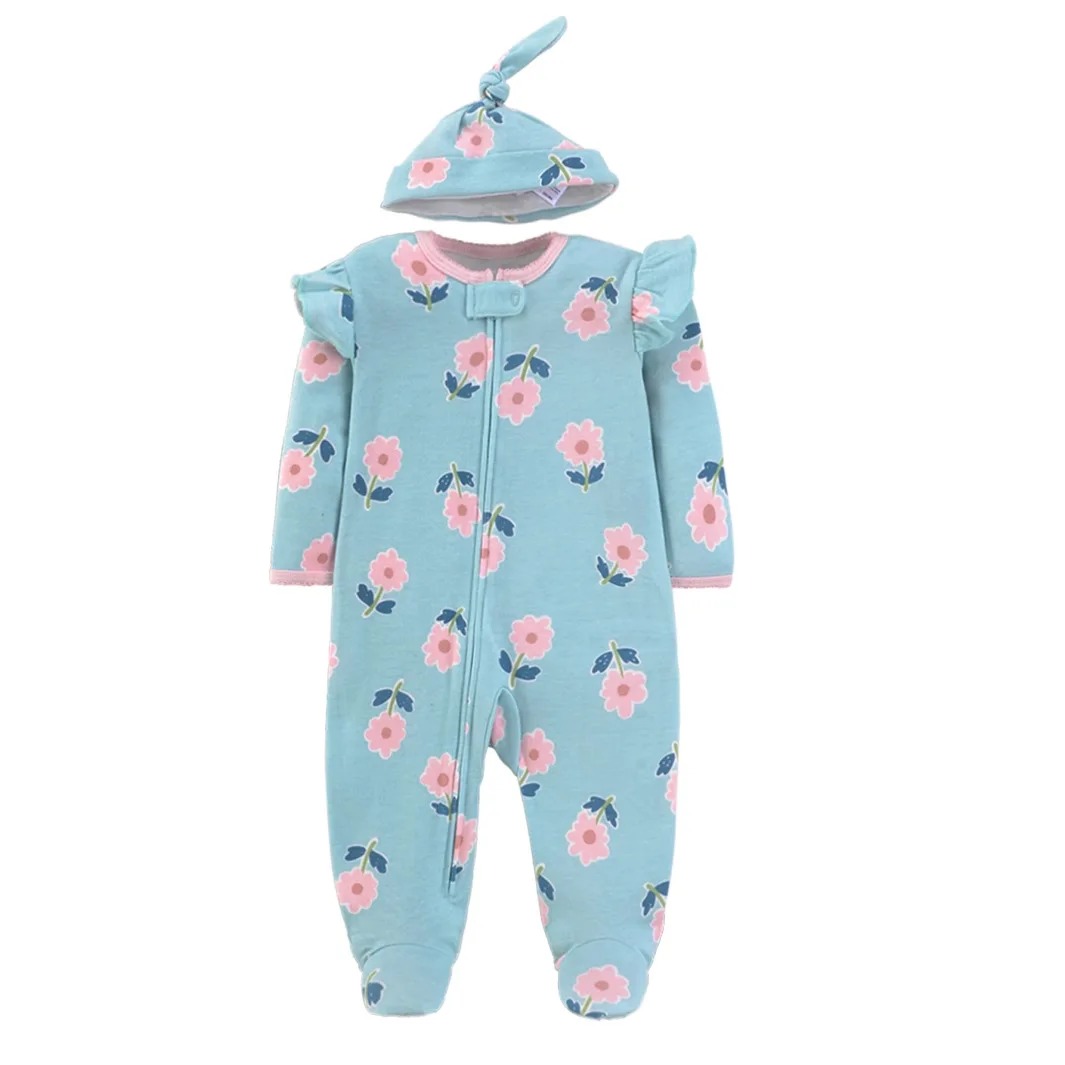 Newborn Baby Pure Cotton Romper Pajamas Cartoon Print Onesie Long Sleeve Zipper Footie Rompers Soft & Cozy Toddler Casual Pjs