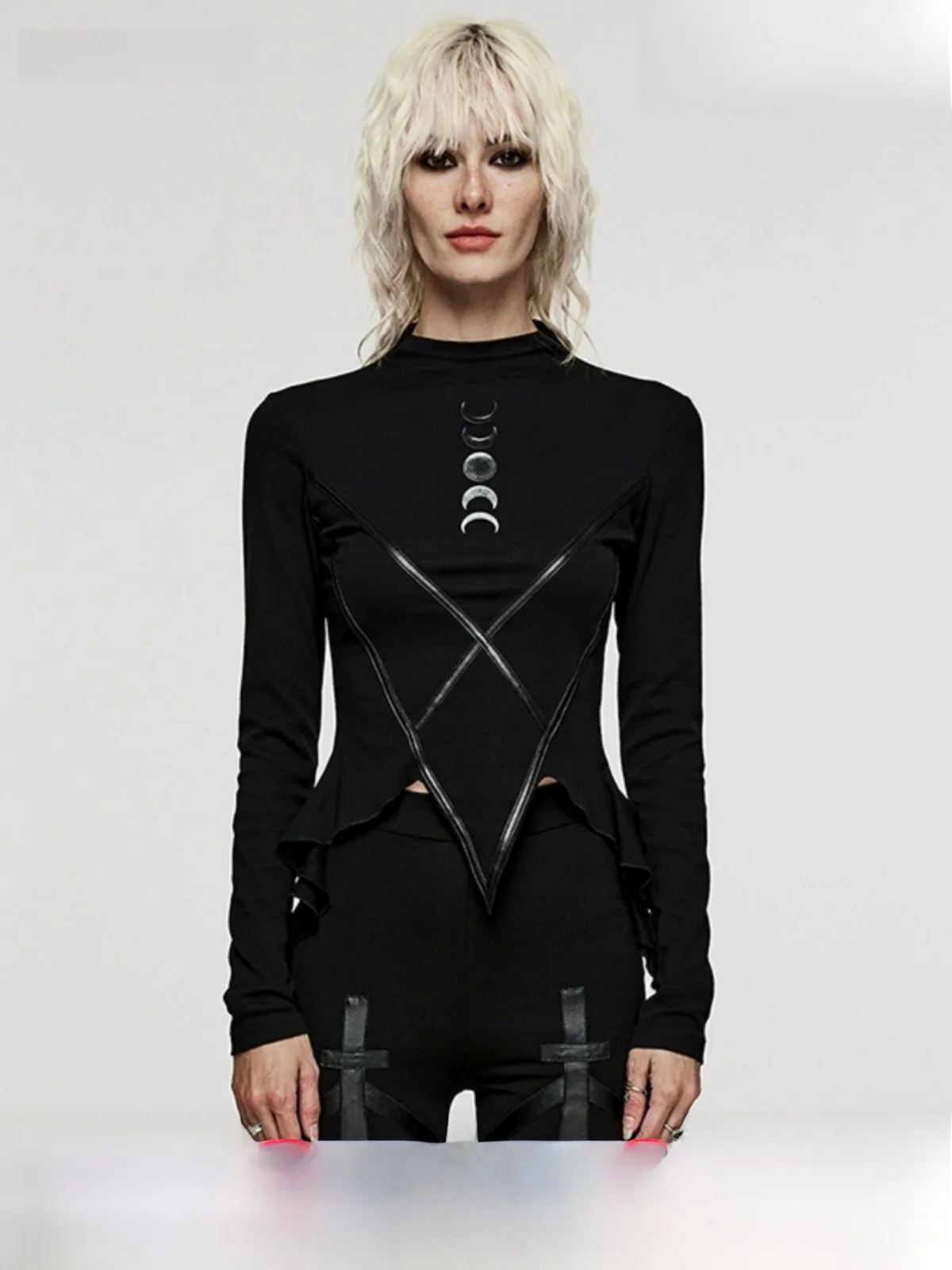 PUNK RAVE Gothic Style Short Motorcycle T-Shirt Women's Tight Inner Wear Street Punk round Neck Long Sleeve Winter Fashion