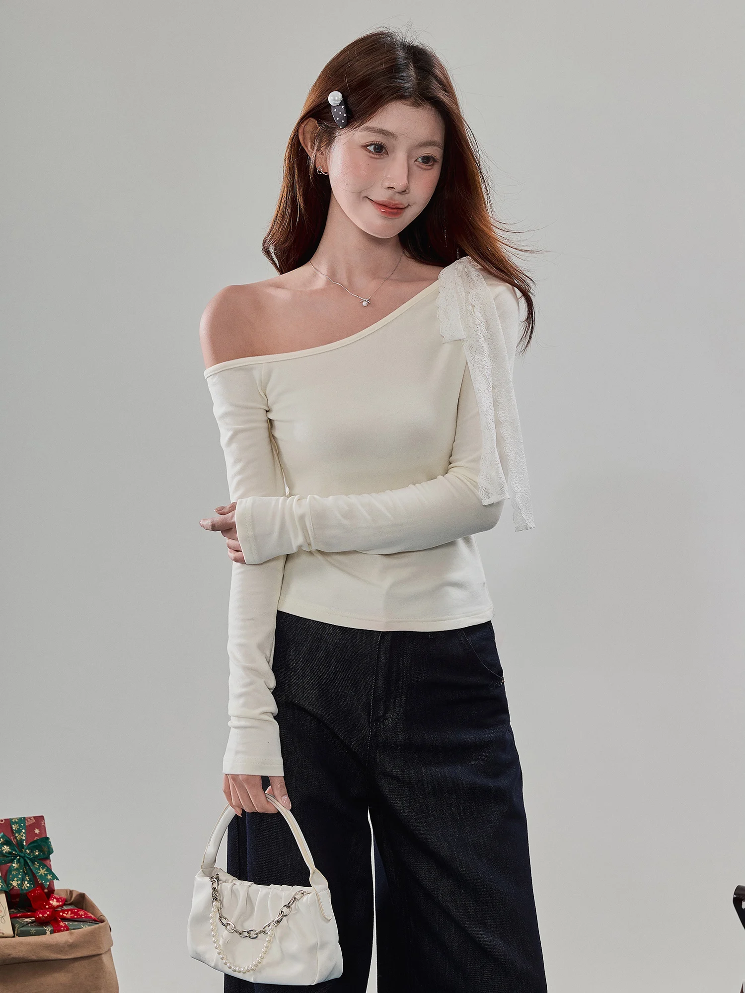 

Сладкая трикотажная футболка Long Sve, женская внутренняя одежда, топ с бантами, дизайн, корейский Sle, облегающий крой, для поездок на работу, мода