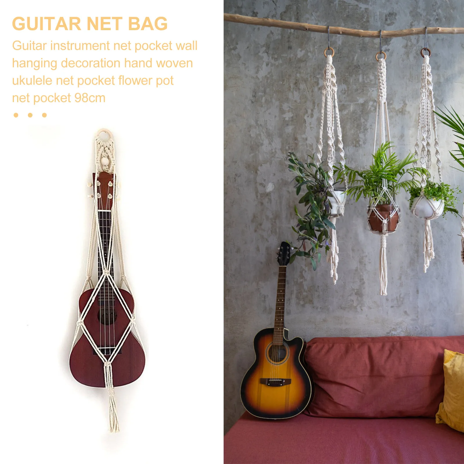Macrame Woven Ukulele Hanger Cotton Linen White Rustic Wall Hanging Decor Flower Pot Holder Handwoven Ukulele Storage Basket view 5