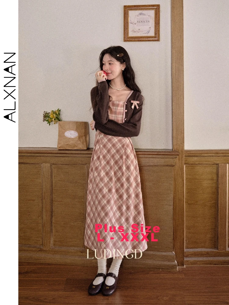 

ALXNAN Plus Size Long Dress Plaid Square Neck Autumn Sleeveless Dress Waist-Defining Elegance Commuting Woman's Clothing D12830