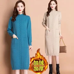 Autumn Winter Women Knit Dress New Long Sleeve Party Midi Dress Ladies Half High Collar Loose Elegant Knitted Sweater Dresses