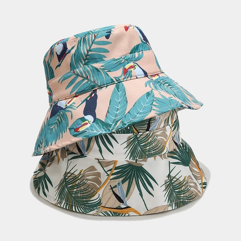 Fashion Tropical Floral Print Bucket Hat For Women Stylish Summer Vacation Sun Protection Fisherman Cap