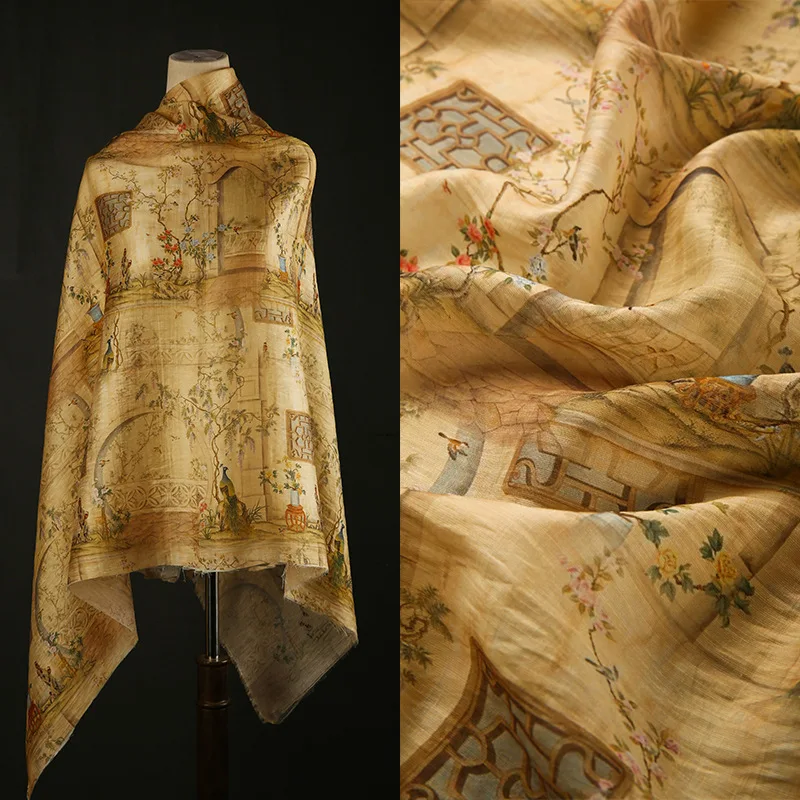

L100cm X W150cm Linen Blend Fabric Semi Sheer Digital Print Breathable Hanfu Shirt Qipao Chinese Style Dress Handcraft Material