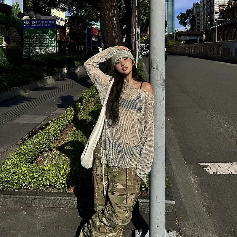 

American Fashion Street Girl Chic Mesh See Through Hollow Out Slanted Neck Long Sleeved Cover Shirt T-shirt Female Clothing