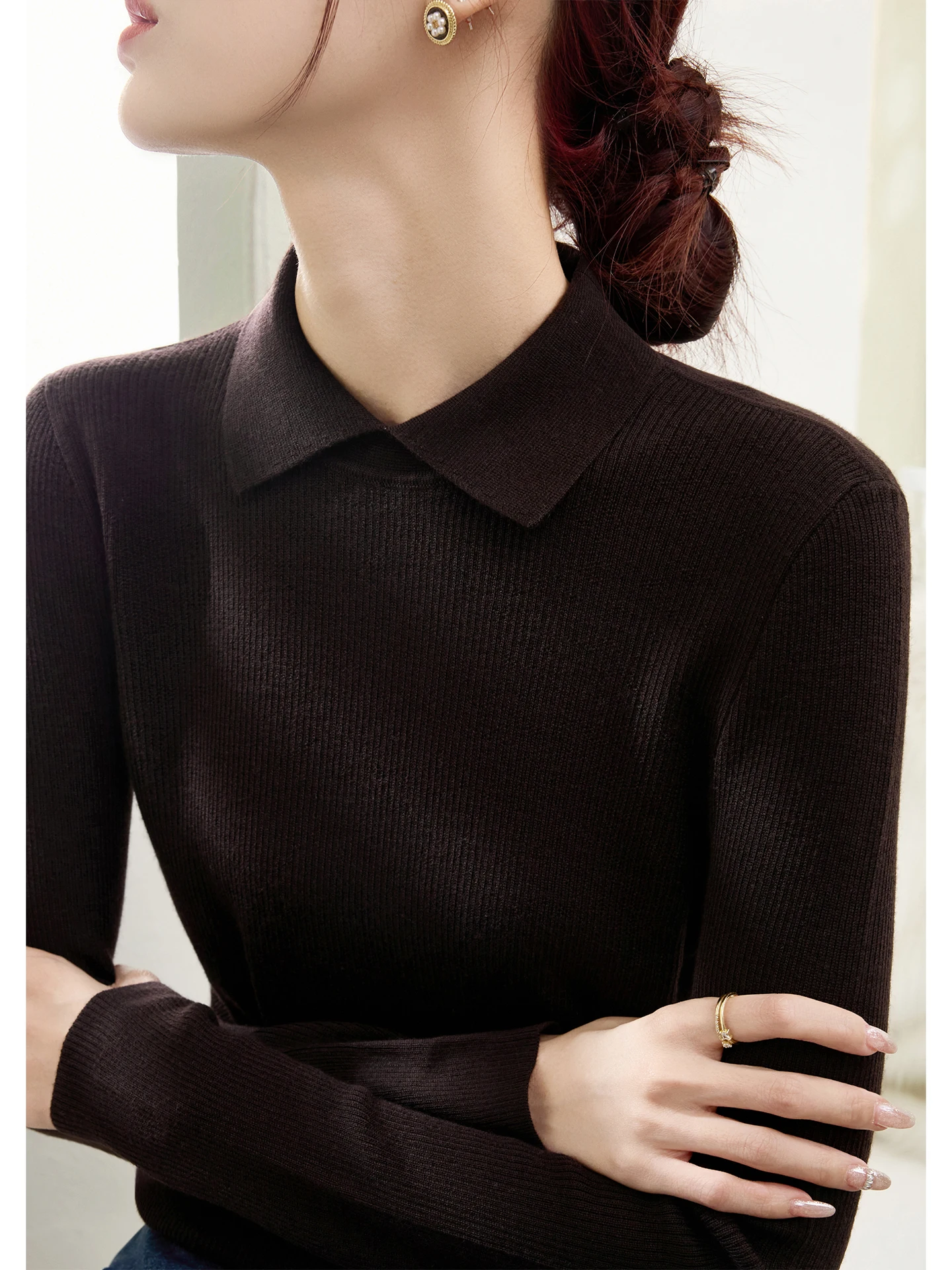 Women's Slim Fit Long Sleeve Knitted Sweater Woolen Shirt Collar Casual Style Autumn Fashion Commute Simple Vertical Stripe D...
