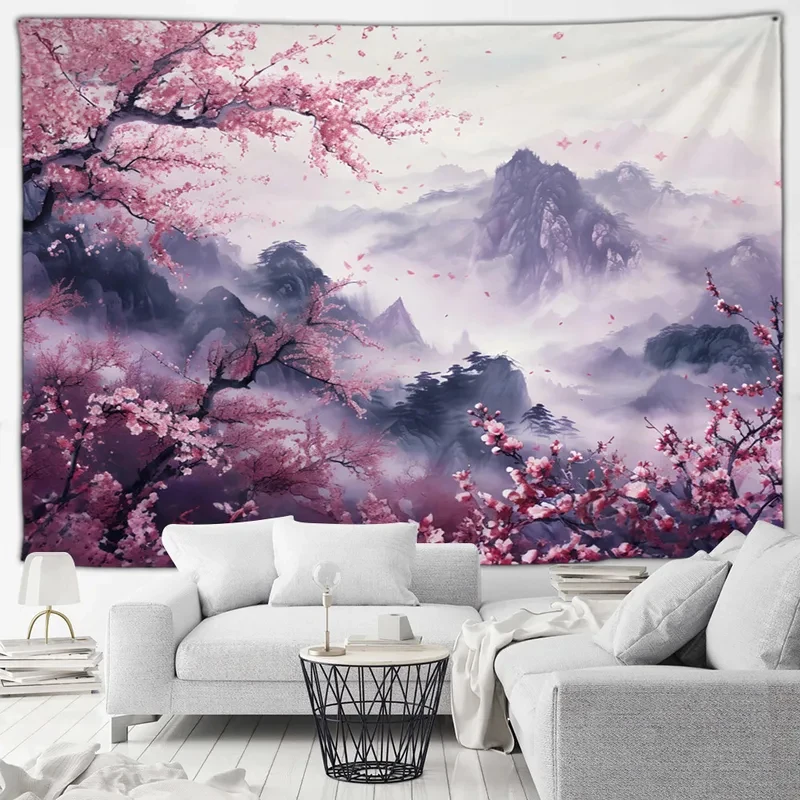 Chinese Style Cherry Wall Hanging Misty Mountain Falling Sakura Petals Soft Pastel Aesthetic Home Decor Tapestry