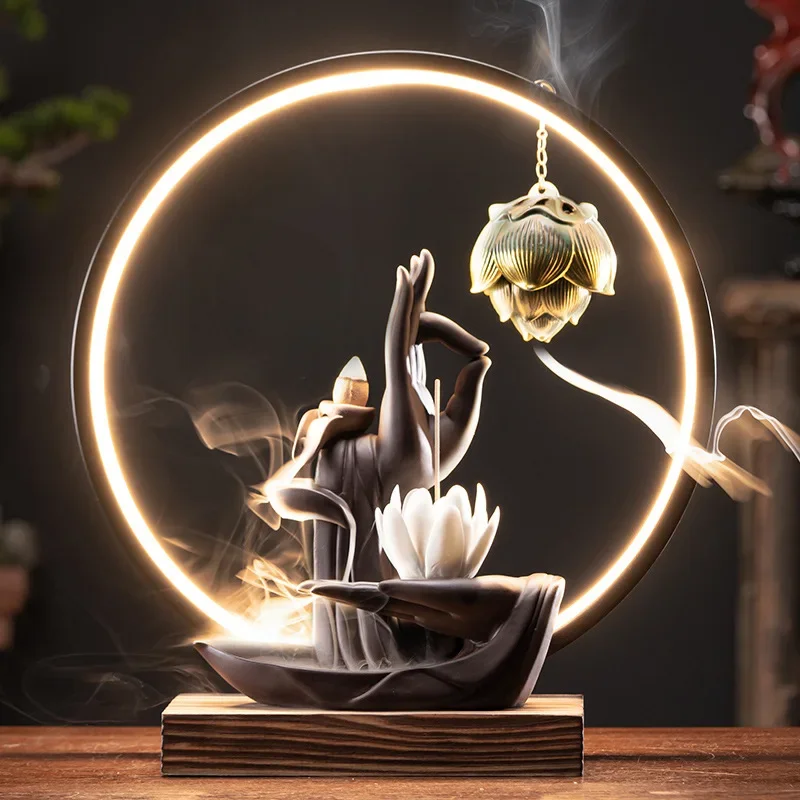 

Buddha Hand Backflow Incense Burner Lotus Waterfall Incense Sticks Holder Censer Fragrance Stand Ceramic Quemador Decoration