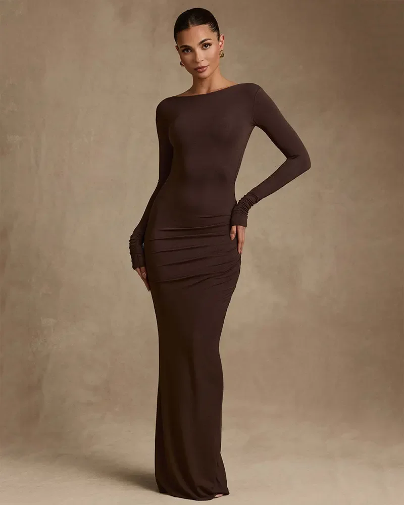 2025 Sexy Backless Bodycon Maxi Dress Women Comfortable Fashion Long Sleeve Draped Prom Outfits Elegant Club Party Long Dress