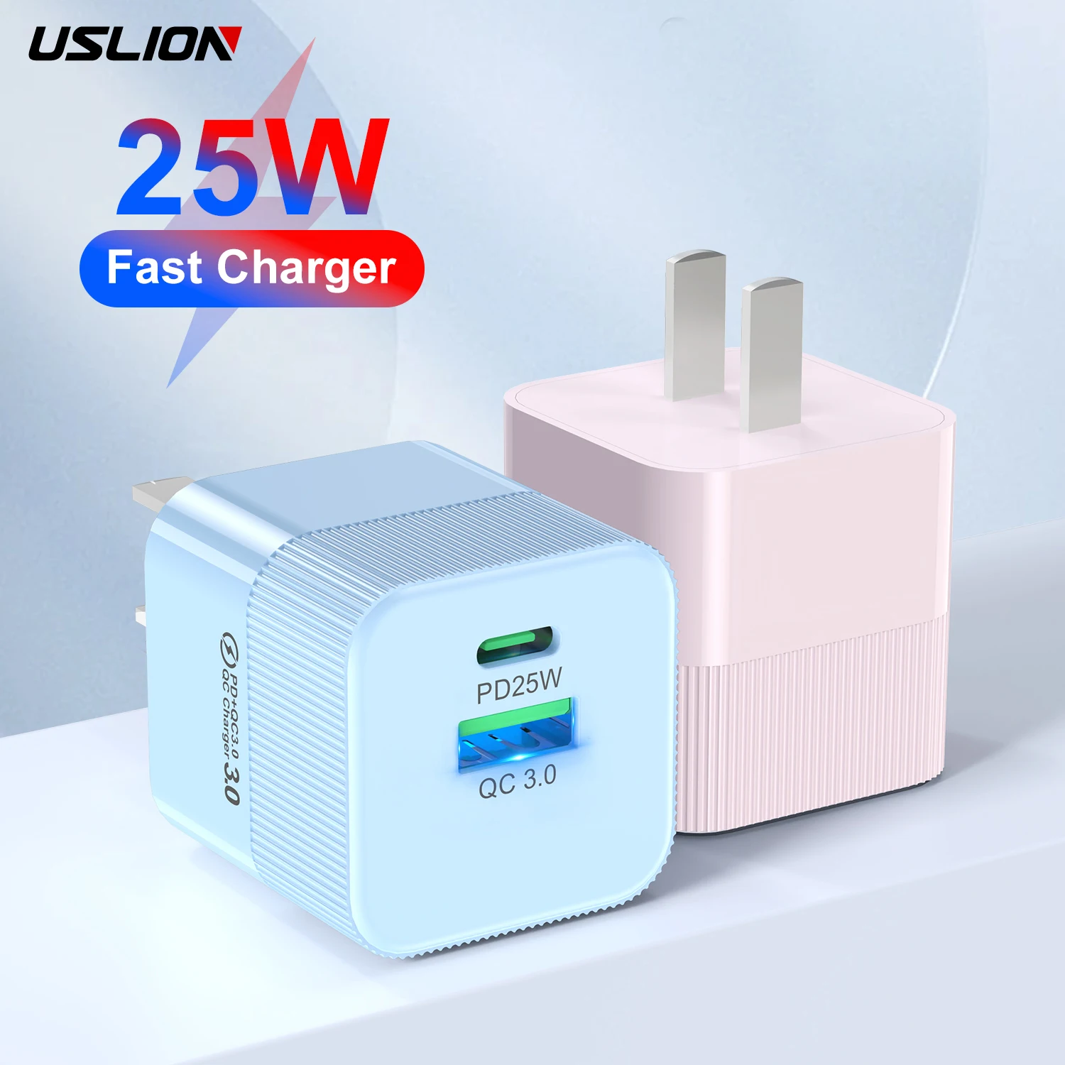 USLION QC 3.0 Mini USB C Charger PD 25W Support Type C Fast Charging Tablet Laptop Mobile Phone Quick Charger For iPhone Xiaomi