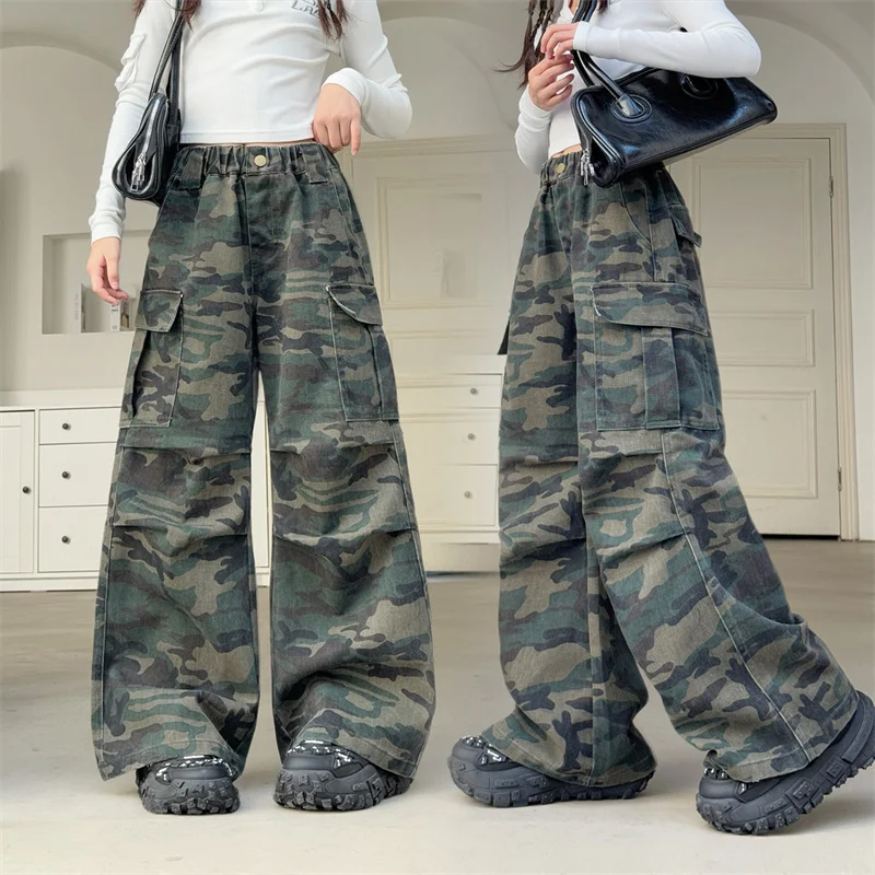

Autumn Kids Loose Straight Camouflage Cargo Pants With Pocket For Girl Streetwear y2k Camo Trousers Child Hip Hop Sweatpants