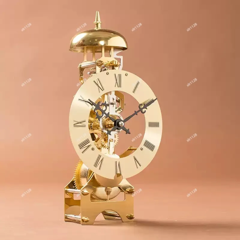 Vintage Pure Copper Desk Clock, Metal European Mechanical Skeleton Clock for Home