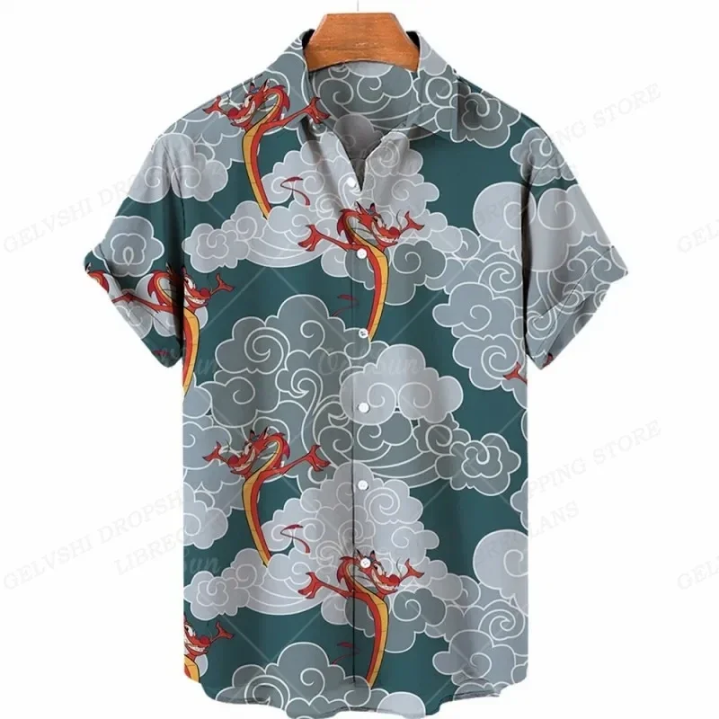 Summer Vintage Hawaiian Shirts Men Fashion Short Sleeve Lapel Camisas Dragon 3d Print Beach Shirts Single Breasted Blouse Floral