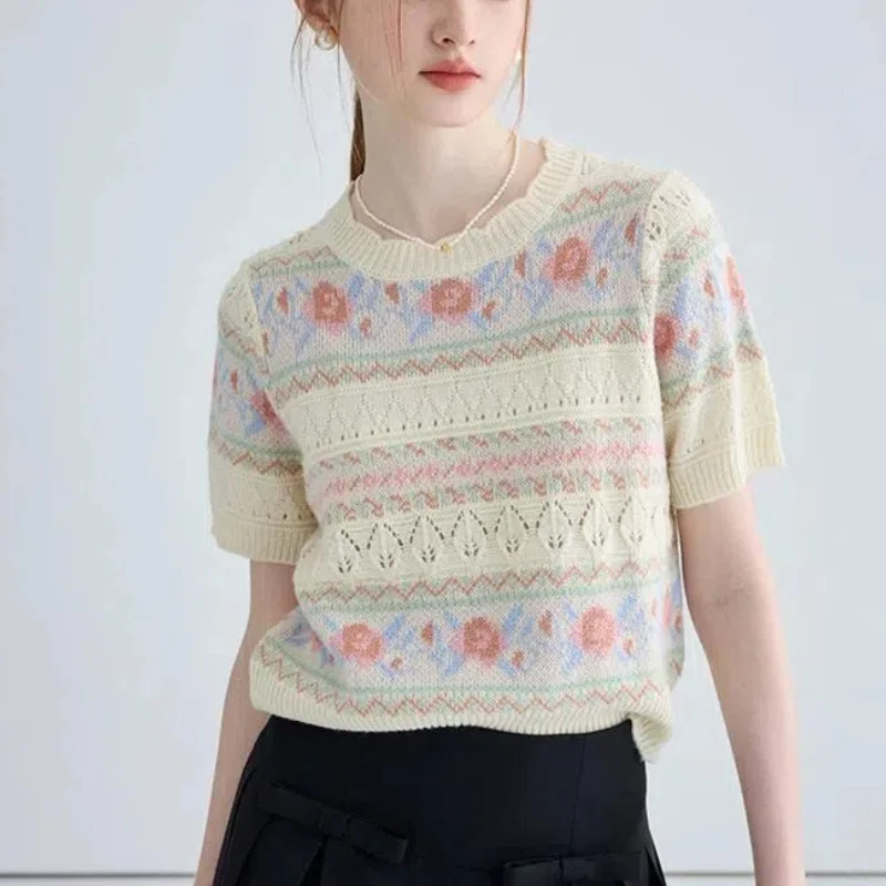 Japanese Lolita Summer 2024 Women's Pullover O-Neck Spliced Jacquard Hollow Out Slim Minimalist Casual Knitted Short Sleeved Top