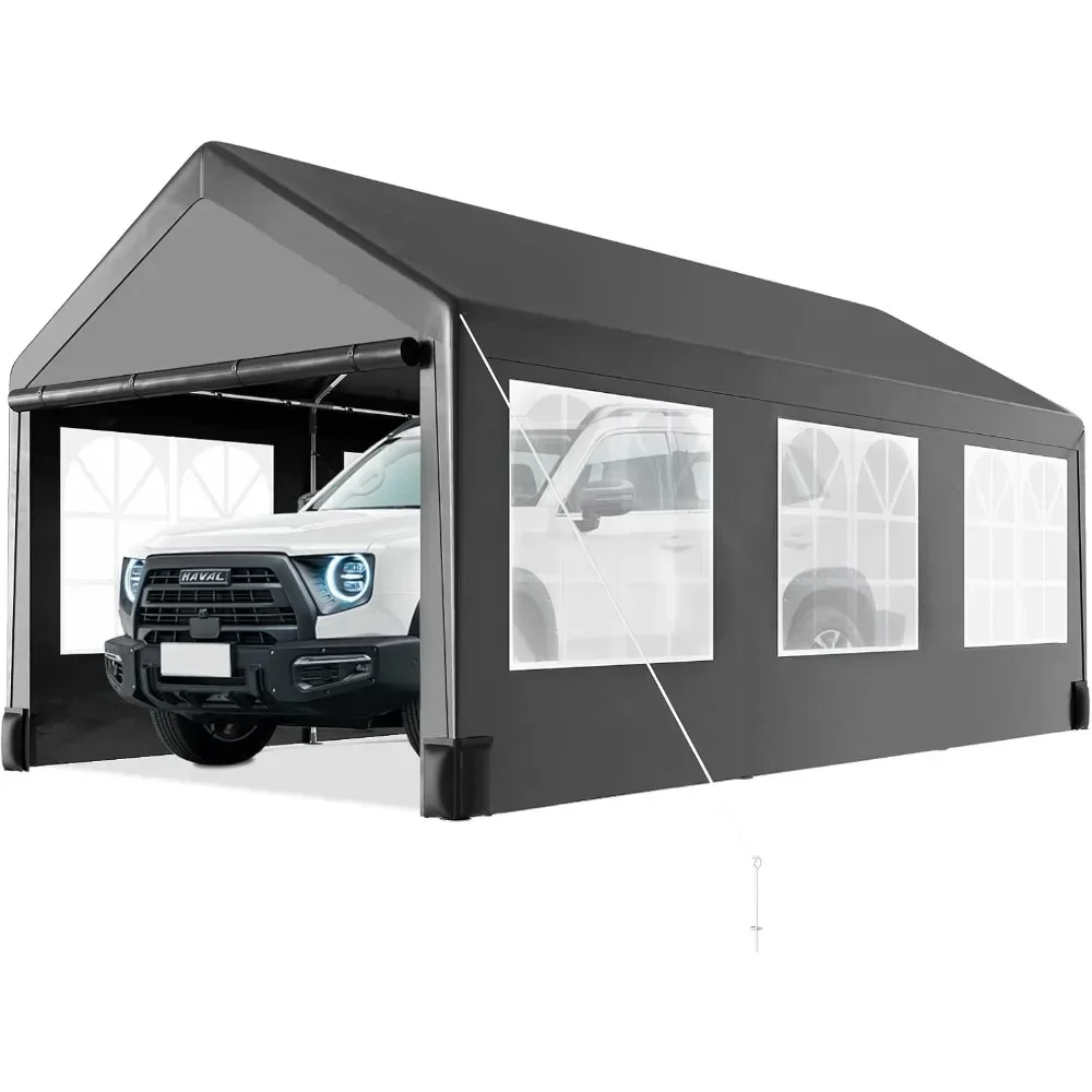 

10 * 20 Heavy Duty Carport Canopy, Portable Car Tent Garage with 6 Roll-Up Windows and All-Season Tarp Cover, Metal Roof