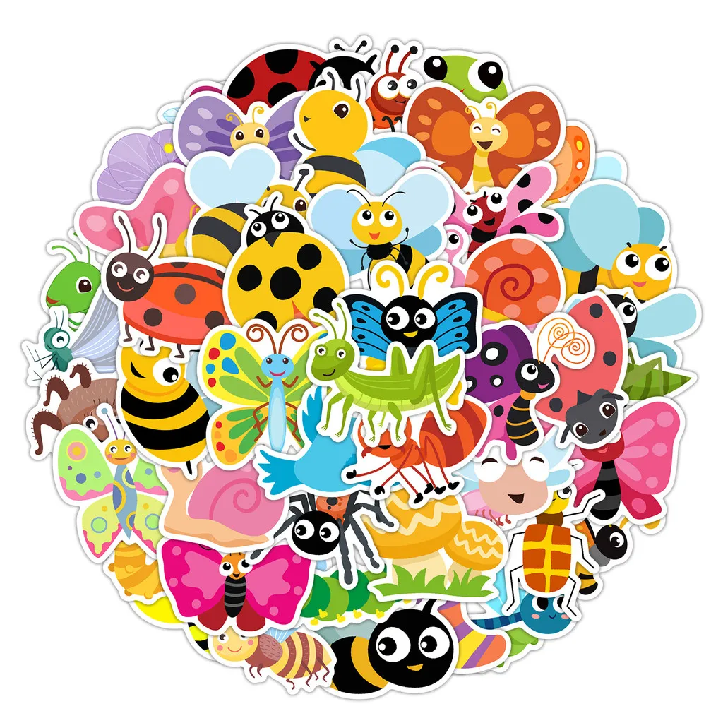 50 pegatinas de grafiti de insectos de dibujos animados, decoración impermeable para vasos de agua y equipaje, tienda de pegatinas BulingBulingStickers