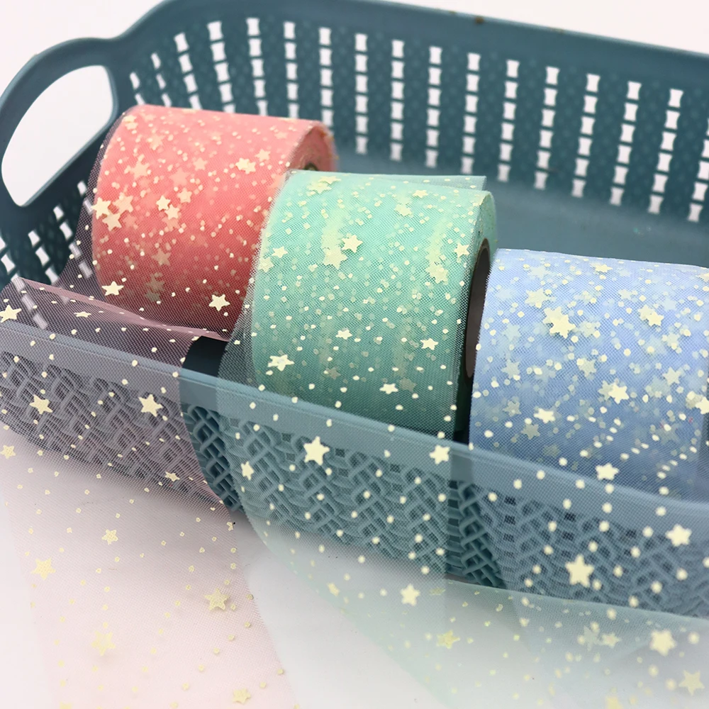 6cm 25yards Star Dotted Tulle Ribbon Ivory Parten Printed Mesh DIY Princess Hairpins Bowknot Cake Wedding Birthday Decoration