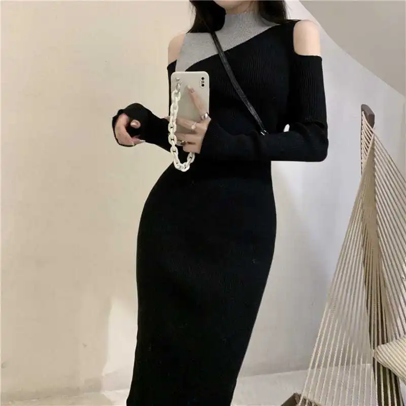 Colorblock Knit Turtleneck Women\'s Dresses Over The Shoulder Female Dress Crochet New Features of Luxury Beach Cotton Clothing