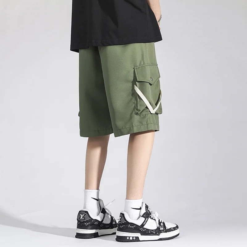 New 2024 Summer Men's Loose Cargo Shorts Casual Drawstring Knee-Length Pants Streetwear Solid Color Short Trouser Outdoor Jogger