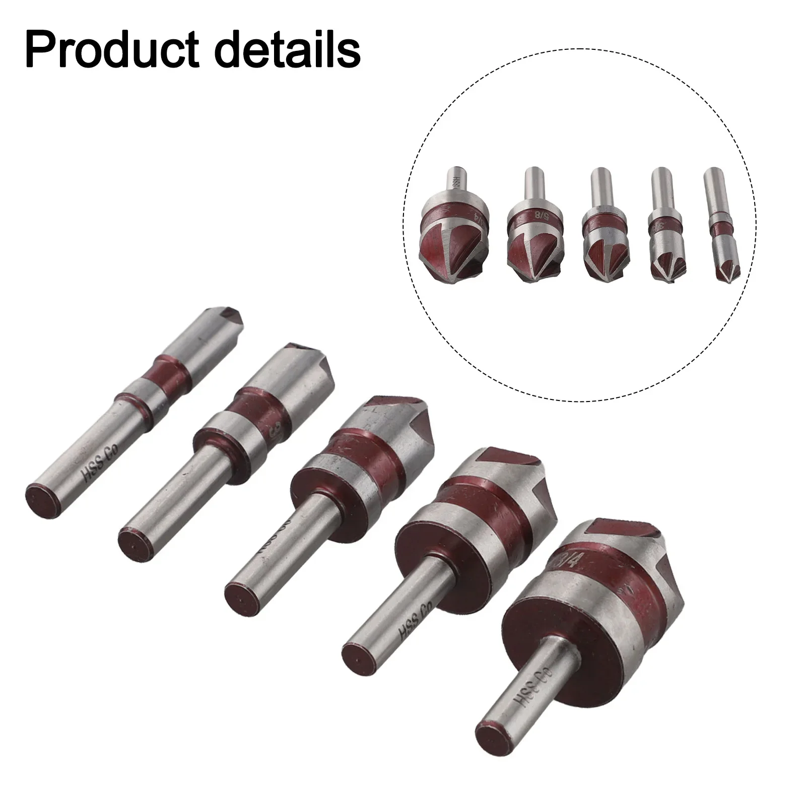 

High Performance 5 Flute Countersink Drill Bits Set 5Pcs for Woodworking with HSS CO 5% Material Sizes 1/4 3/8 1/2 3/4 5/8