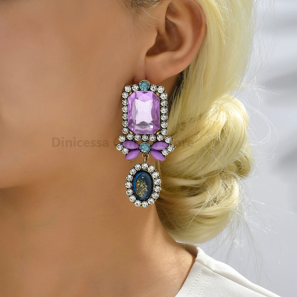 Wholesale Purple Big Dangle Earrings Luxury Charm Square Clear Crystal Vintage Brincos Pendant Jewelry Ear Accessories For Women