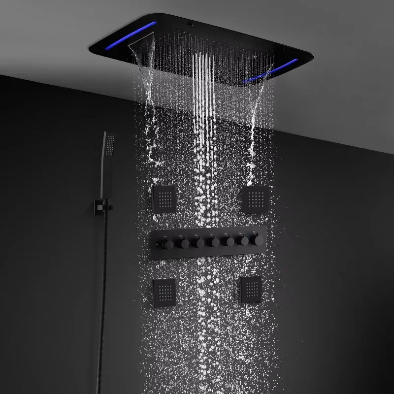 LED Smart Ceiling Shower Set with Polished Body Jet System Waterfall Thermostatic Massage Raining Shower Thermostatic Faucets