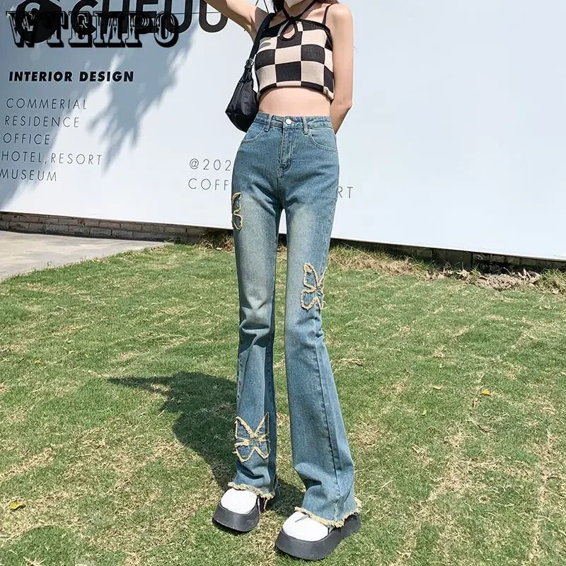 

WTEMPO Jeans Woman Spring Fall Straight Pants Wide Leg Butterfly Jeans Loose High Waist Denim Trousers Flare Women Clothing