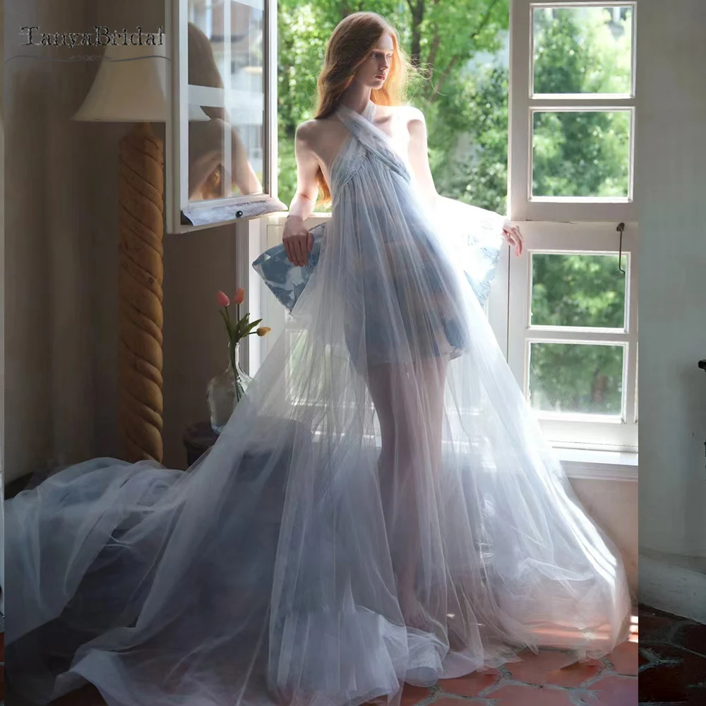 Crossed Neckline Tulle Wedding Dress ,Volume Skirts ,With Big Bow At Back ,Bohemian Bridal Gowns  DW975
