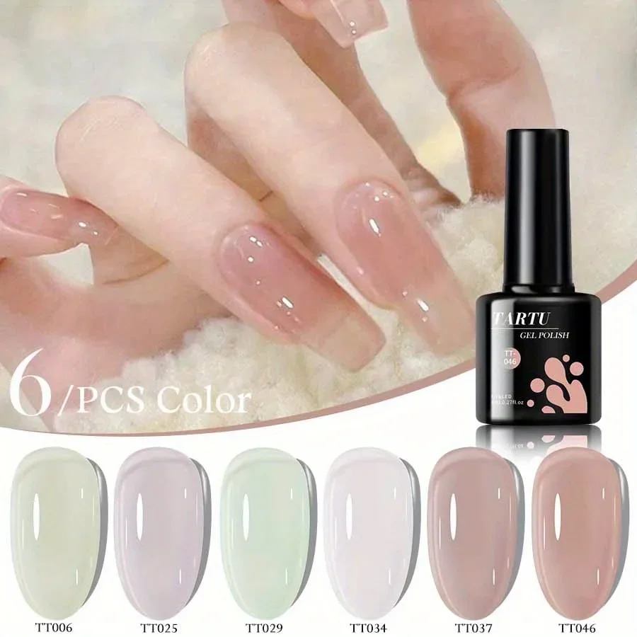 6 Stück 8 ml Jelly Nude Pink Nagelgel-Set, durchscheinend, 6 Farben, durchsichtiges, semipermanentes Gel-Nagellack-Set, Soak Off für UV/LED, Nagelkunst