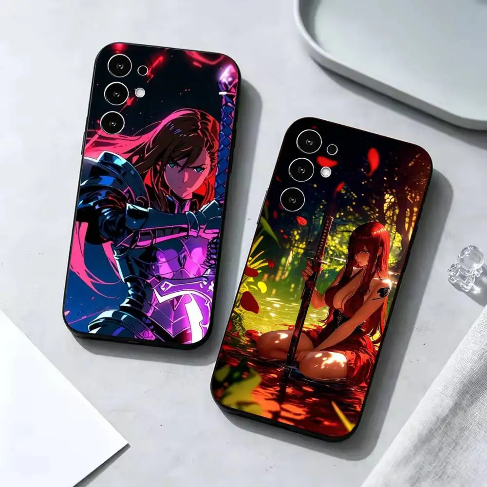 Red Hair Sword Fashion Black Silicone Protective Phone Cover, Suitable for Samsung S20-S26,Ultra,Plus,FE,Lite,5G