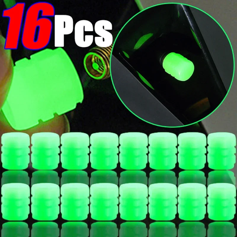 1-16Pcs Luminous Car Tire Valve Caps Fluorescent Night Glowing Valve Cover Green Dustproof Tyre Valve Stem Caps Auto Accessories