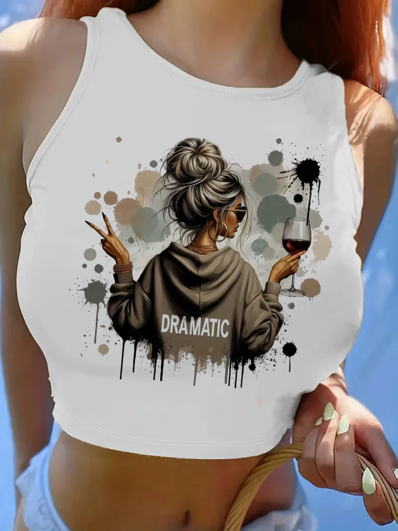 Dramatic Wine Drink Girls Print Lip Cropped Women'S Sleeveless Tank Top Stylish Vest Crop Top Tee Casual Shirt Y2k Fashion 90s