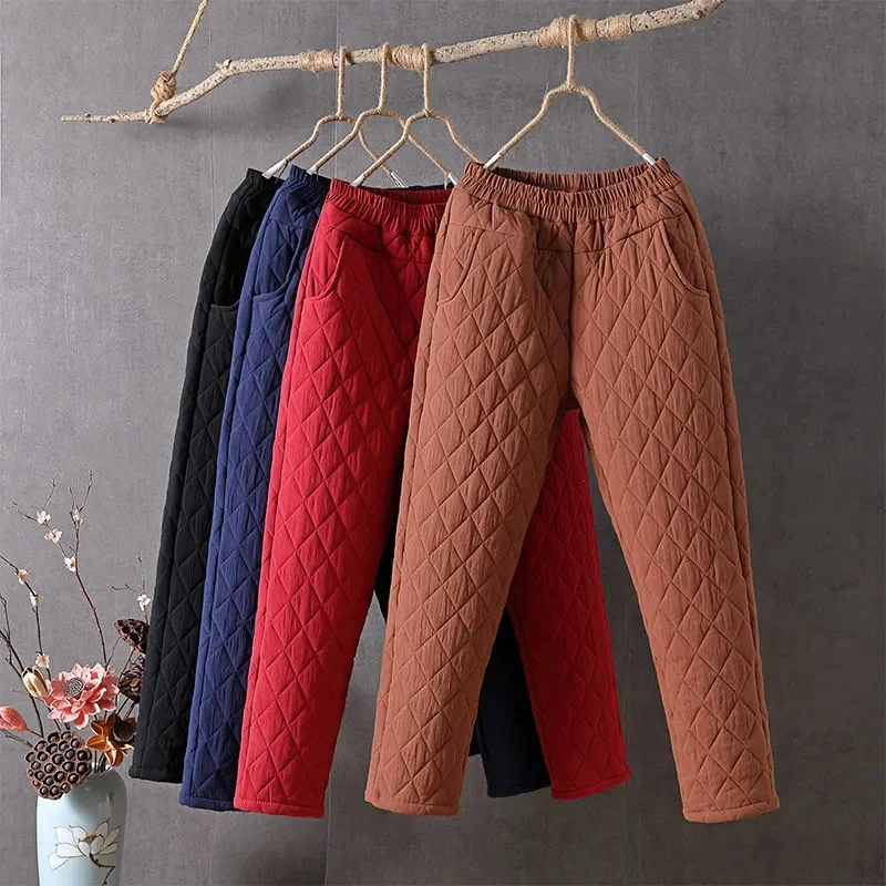 

New Winter Down Cotton Warm Padded Pants Quilted Thermal Trousers Elastic Waist Casual Snow Pants for Women Cotton Pants 3XL