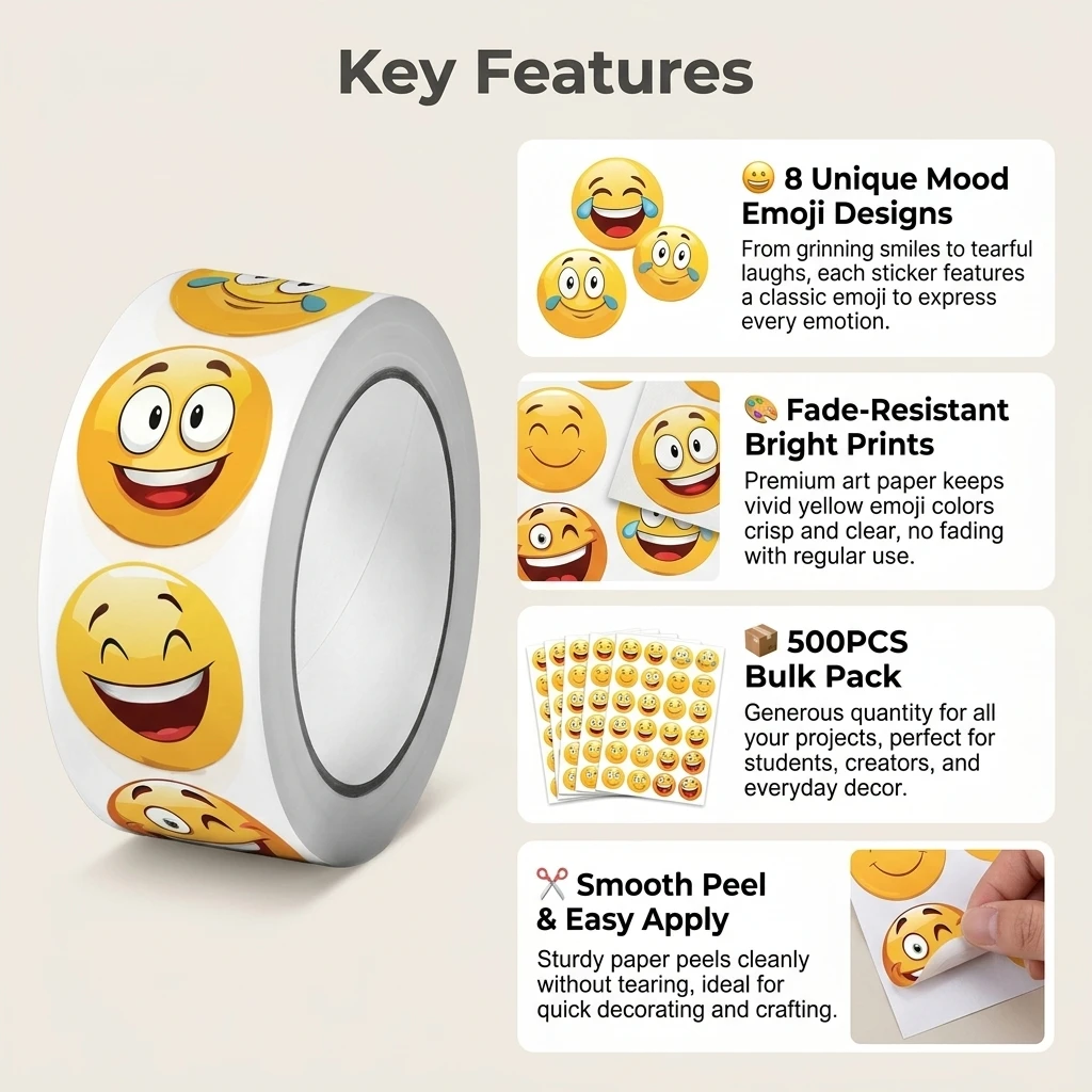 500Pcs/Roll Happy Funning Face Paste Sticker 2.5cm/1.0'' 16 Designs Decals Diy Adorn Gifts Suitable for Various Gift Packaging