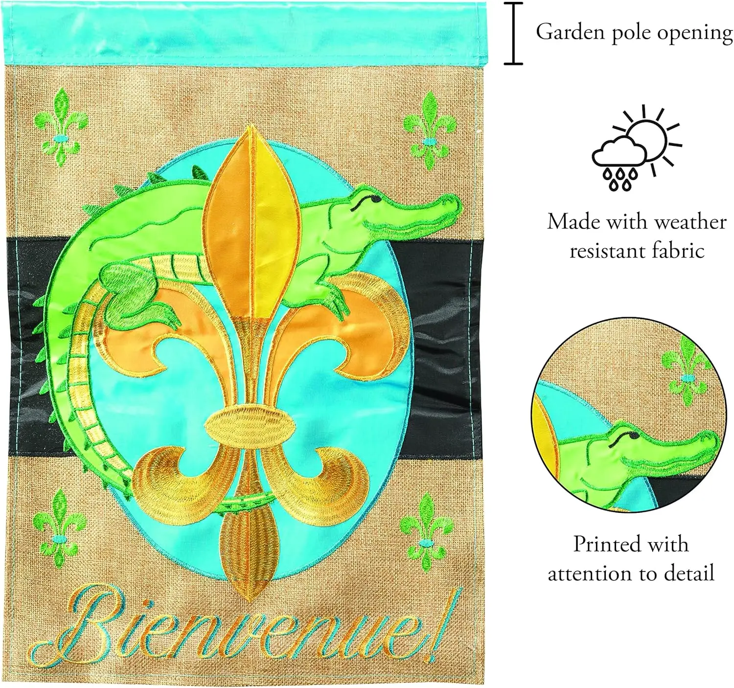 Magnolia Garden Bienvenue Gator Fleur de Lis 29 x 42 Poly Burlap Outdoor Hanging Flag