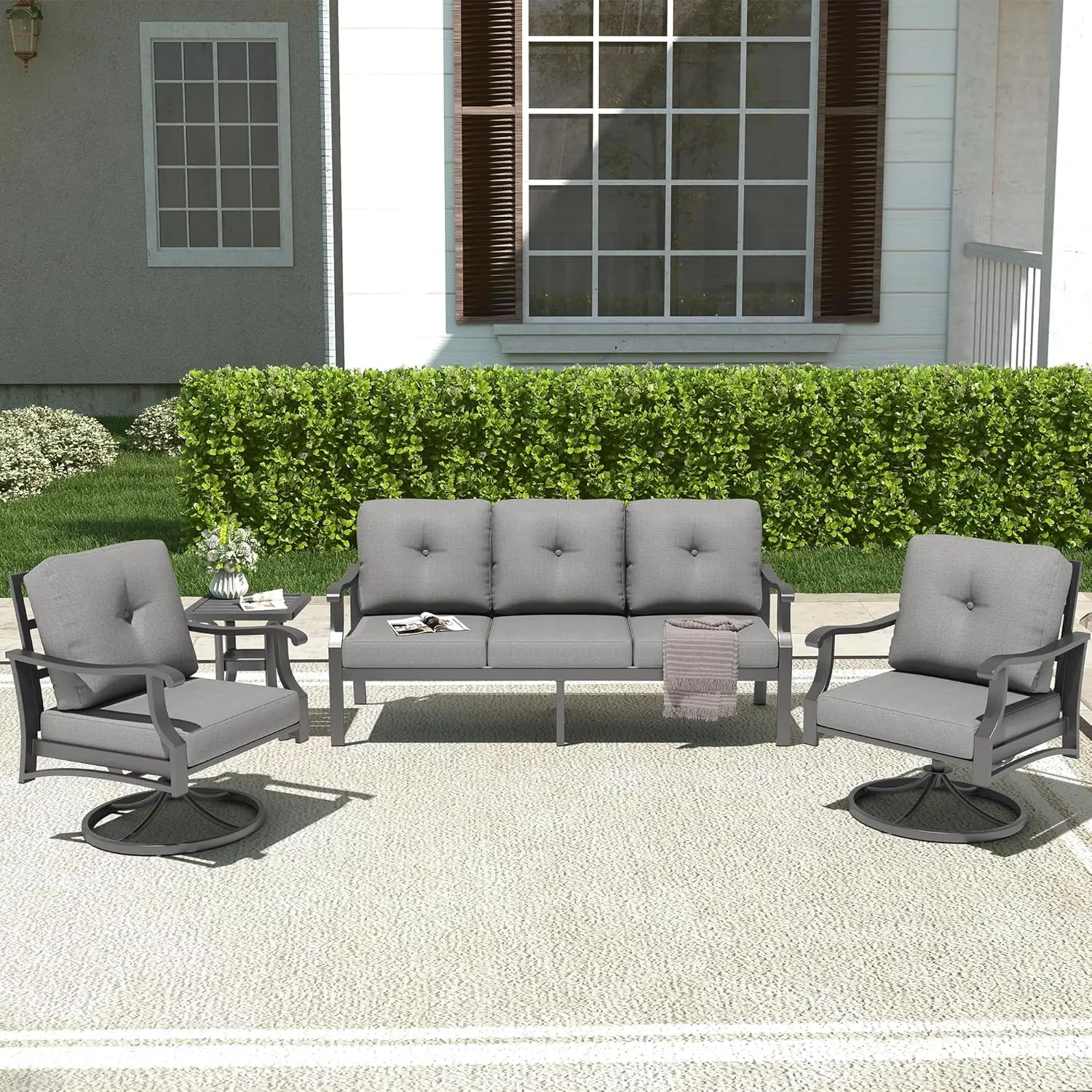 

4 Piece Aluminum Patio Furniture Set, Metal Outdoor Conversation Set w/3-Seat Sofa, 2 Rocking Swivel Chairs, Side Table, Patio B
