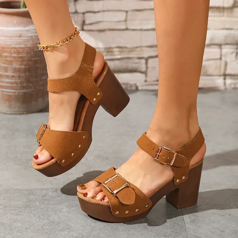 Women's Shoes 2024 Fashion Buckle Strap Women's Sandals Hot Sale Peep Toe Office and Career Summer Plus Size Solid Heels Women