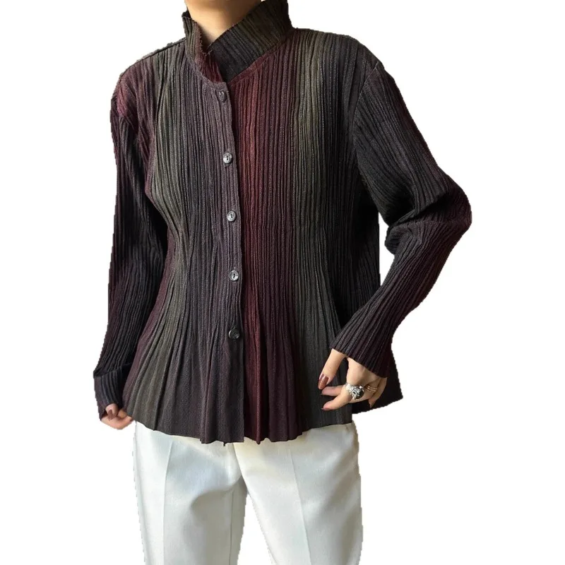 Miyake Pleated Shirt 2025 Women's Oversized Stand Collar Gradient Design Cardigan Fall New Top Elegant Fashionable Outerwear